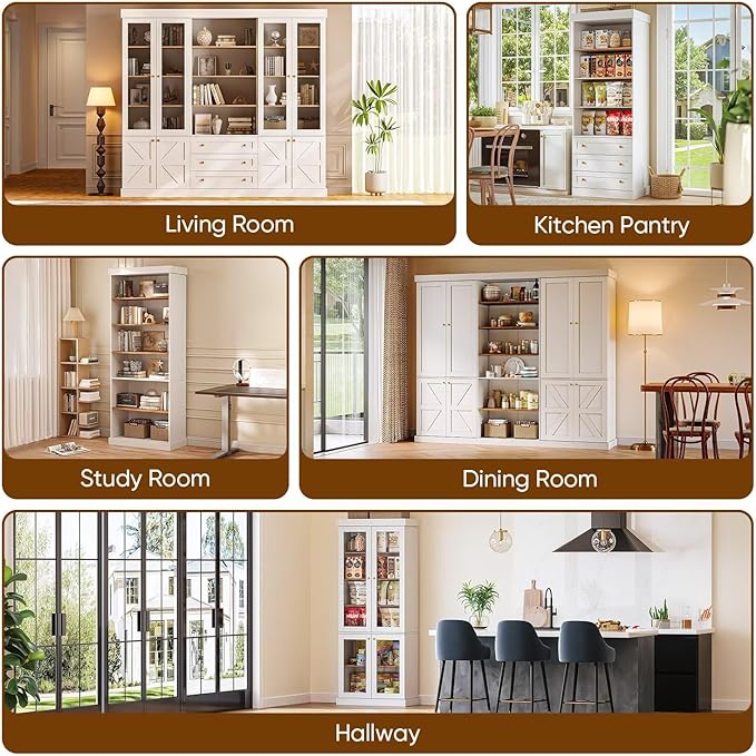 70.8" Tall Farmhouse Kitchen Pantry Cabinet with Glass Doors, Modular Storage Cabinet with 6-Tier Adjustable Shelves, White, Wooden Hutch for Kitchen, Living Room, Set of 3