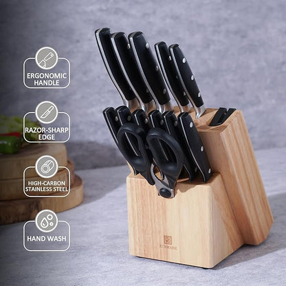 Kitchen Knife Set, Professional 13 Piece Knife Set with Block and Sharpener, Sharp Chef Knife Set, Ideal for Home and Restaurants, Elegant Black