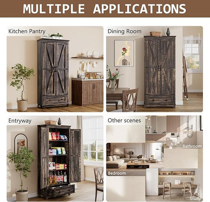 Farmhouse Kitchen Pantry Cabinet, 72" Tall Storage Cabinet with Adjustable Shelves & Barn Doors, Freestanding Kitchen Cupboard for Dining Room, Living Room, Dark Rustic Oak