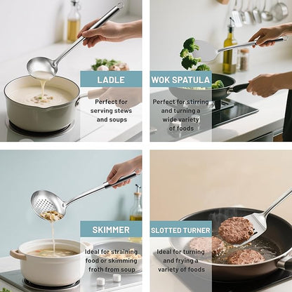 Pleafind Stainless Steel Cooking Utensils Set, 13 Pcs Heat Resistant Kitchen Utensils Set, Nonstick Kitchen Tools Set With Utensil Holder, Metal Spatula Set for Chef, Dishwasher Safe