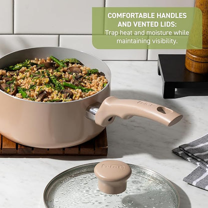 T-fal Refresh Ceramic Nonstick Ceramic Frying Pan with Lid 5 Qt, Cookware, Stay-Cool Handle, Skillet, Pots and Pans, Sand Beige