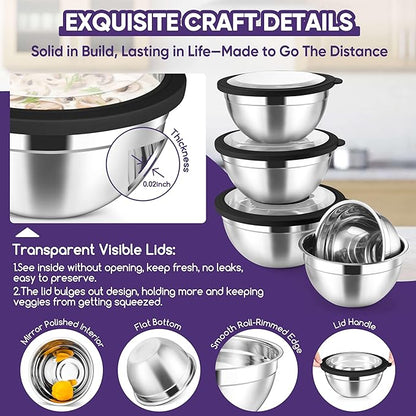 Herogo 5-Piece Mixing Bowls with Visible Lids, 3 Grater Attachments, Stainless Steel Salad Serving Bowls for Kitchen, 4.6/3.5/2.5/2/1.5 QT Ideal for Prepping & Cooking, Black