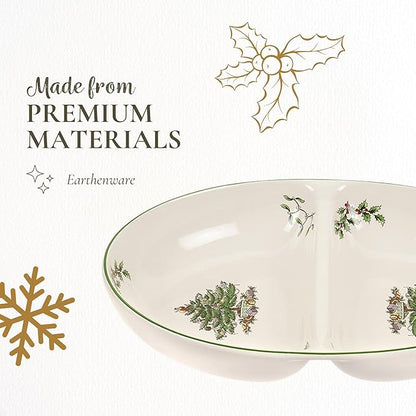 Spode Christmas Tree Divided Dish - 11.5" Festive Serving Tray for Holiday Parties, Seasonal Events - Fine Earthenware, Decorative Christmas Dinnerware, Microwave & Dishwasher Safe