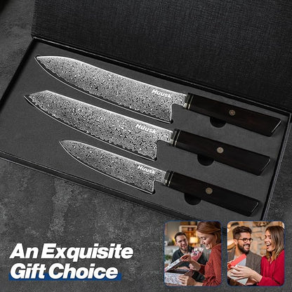 Huusk Damascus Kitchen Knife Set - 3 PCS Chef Knife Set Professional, Razor Sharp 67 Layers Damascus Japanese Knives Set for Kitchen with Wood Handle, Ideal Gift for Dad