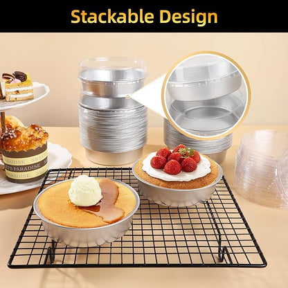 Beasea Pie Tins with Lids 8oz, 100 Pack 4 Inch Disposable Mini Creme Brulee Ramekins Silver Small Aluminum Foil Pie Tart Cake Baking Pans Individual Round Containers Oven Safe for Baking