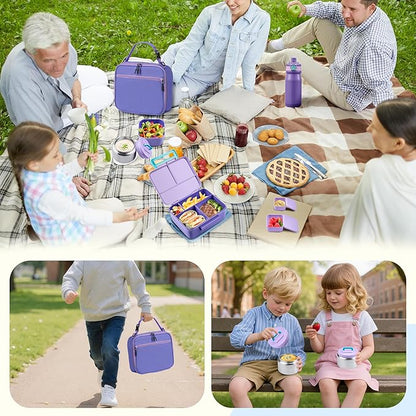 MAISON HUIS Bento Box for Kids with 8oz Soup Thermo, Leak-proof Lunch Food Containers with 5 Compartment, Insulated Lunch Bag & 17oz Stainless Steel Water Bottle for School, Trvael
