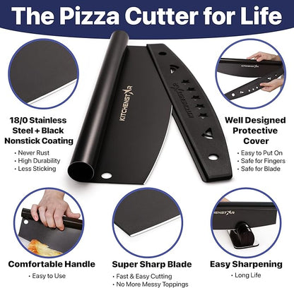 KitchenStar 14-Inch Pizza Cutter Rocker Blade - Sharp Stainless Steel Slicer Knife, Protective Cover, Black Nonstick, Large - Professional Pizza Oven Accessories