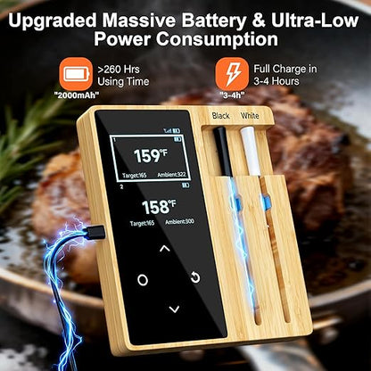 Niitawm Bamboo Dual Probe Wireless Meat Thermometer, Bluetooth Meat Thermometer Digital Wireless App, Long Range Temp Air Fryer Thermometer, Oven Thermometer, Food Grilling Accessories, Cooking Gifts