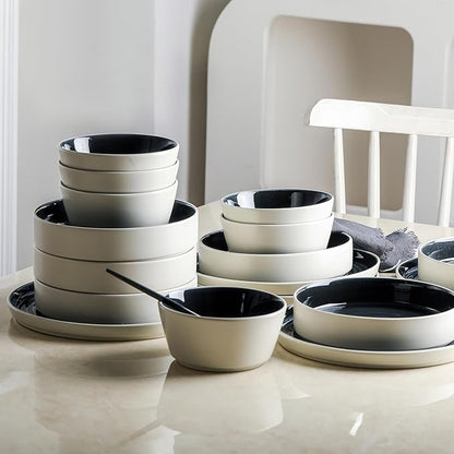 Stone Lain Elica 12-Piece Modern Dinnerware Set Stoneware, Plates and Bowl Sets for 4, Black and Beige