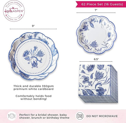 Kate Aspen Blue Willow Paper Plate and Napkin Set - Elegant Disposable Plates for Weddings, Something Blue Before I Do Bridal Shower Decorations, Baby Shower Plates, Tea Party Supplies - 62 Piece