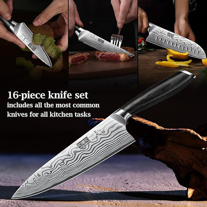 HOSHANHO 16-Piece Knife Set with Block, Ultra Sharp High Carbon Powder Steel Knife Block Set, Chef Knife Set Professional Kitchen Knives Set with Sharpener and Pakkawood Handle