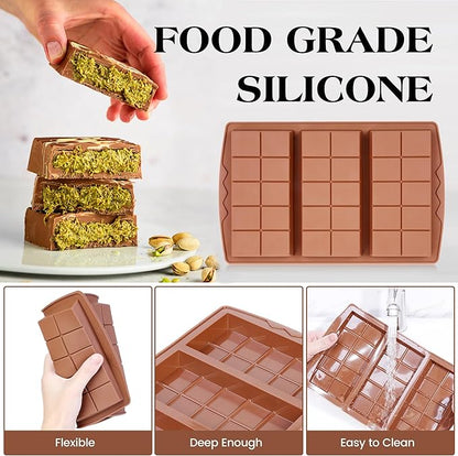2 Pcs Chocolate Bar Mold Deep Dubai 0.85 Inch Stuffed Chocolate Molds Silicone Large Break Apart Silicone Molds (10 Snap + Pyramid）