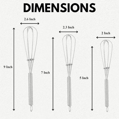 Chandler Whisks for Cooking | Pack of 3 | Small Set – Stainless Steel Whisk - Perfect for Blending, Beating, and Stirring - Heat Resistant, Anti-Rust Kitchen Whisk, Hand Mixer (Sizes 5’’, 7’’, 9’’)