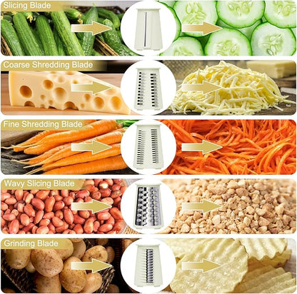 5 in 1 Cheese Grater with Rotary Hand Crank - Vegetable Chopper with Replaceable Stainless Blades, Strong Suction Base, Handle, Blade Storage Box, Easy-Clean Multipurpose Kitchen Slicer (White)