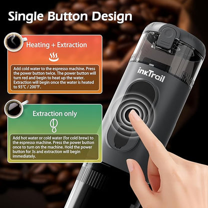 InkTrail Portable Electric Espresso Machine,Travel Coffee Maker for Camping, Self-Heating with Rechargeable Battery, Compatible with Ground Coffee & NS Original Capsule for Car, RV, Hiking, Office