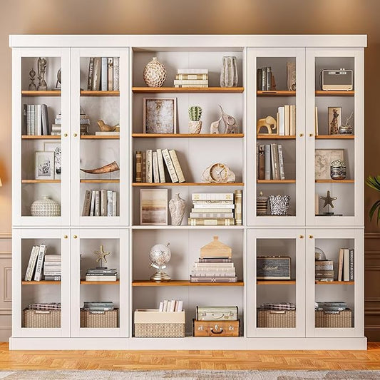 70.8" Tall Farmhouse Kitchen Pantry Cabinet with Glass Doors, Modular Wooden Storage Cabinet with 6-Tier Adjustable Shelves, Hutch for Kitchen or Living Room, White, Set of 3