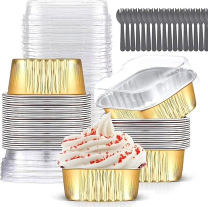 Mini Cake Pans With Lids (10oz,40 Pack) Aluminum Foil Square Cupcake Liners Brownie Baking Cups,Disposable 4”x4” Large Cupcake Pan,Jumbo Muffin Tin Ramekins Holders