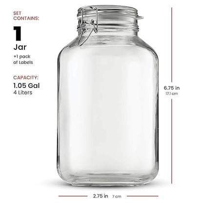 Bormioli Rocco Glass Fido Jars - 135.¼ Ounce - 4 Liter, with hinged hermetically Sealed Airtight lid for Fermenting, Canning, Preserving, With Exclusive Paksh Novelty Chalkboard Labels Set (1 Pack)