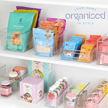 Plastic Food Storage 2 Pack Clear Container Bin with Handles for Organizing Kitchen, Pantry, Refrigerator, Freezer, Pantry, Cabinet, Closet, Bathroom. 10”x6”x5”