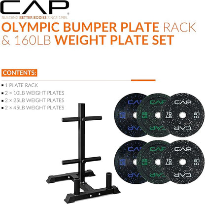 CAP Barbell 2-Inch Olympic Bumper Plate Weight Set with 6 Post Rack | 100-370 lbs | Multiple Options