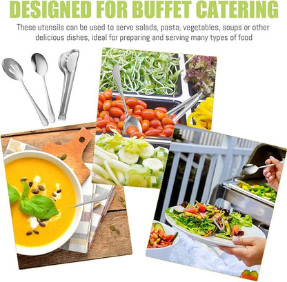 Sabary 36 Pcs Stainless Steel Serving Utensils for Buffet Parties Including 12 Serving Spoons 12 Slotted Spoons 12 Serving Tongs Large Metal Flatware Set for Tanksgiving Catering Banquet(Silver)