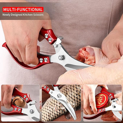 MAD SHARK Professional Heavy Duty Poultry Shears - Kitchen Shears for Spatchcocking Chicken and Meat Cutting, Multi-Purpose Kitchen Scissors for Food, Spring-loaded (Red)