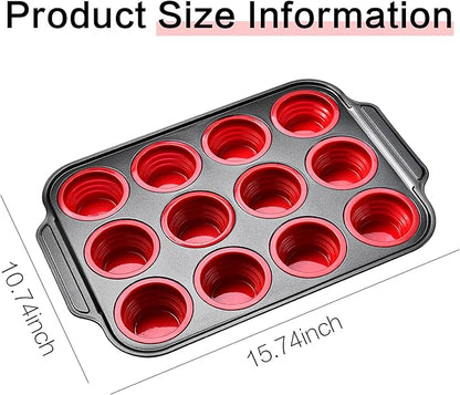 Silicone Muffin Pan, Silicone Cupcake Pan for Baking, 12 Cup Muffin Pans for Oven with Metal Frame, Non Stick Baking Cups with Press To Release Design, Cake Pop Mold, Egg Bites Mold, Red