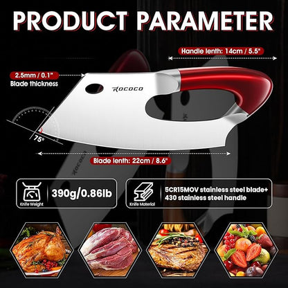 ROCOCO Meat Cleaver Knife Unique Effort Saving Kitchen Knife Professional Stainless Steel Chef Cooking Knives for Cutting Meat Vegetable Father Mother Christmas Gift Red