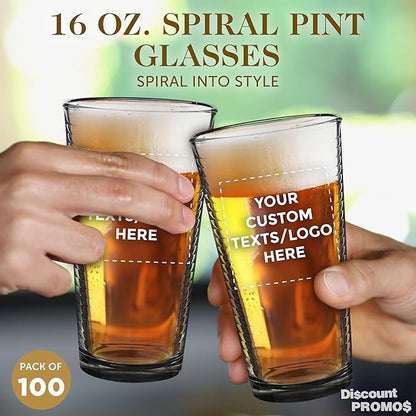 Custom Spiral Pint Glass 16 oz. Set of 100, Personalized Bulk Pack - Beer Glasses, Heavy Duty Drinkware - Black