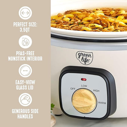 GreenLife 3.5QT Slow Cooker, Non-Toxic PFAS-Free Ceramic Nonstick Removable Interior Bowl, Programmable, Keep Warm, Stovetop & Oven Safe, Dishwasher Safe Parts, Glass Lid, Cream