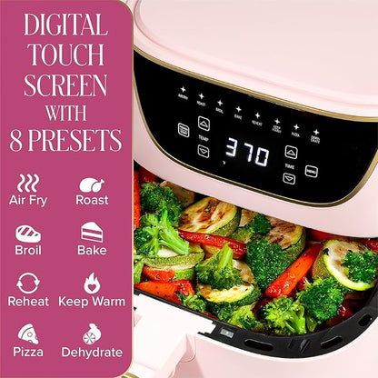 Paris Hilton Air Fryer, Large 6-Quart Capacity, Nonstick Made without PFAS, Touchscreen Display, 8-in-1 (Air Fry, Roast, Broil, Bake, Reheat, Keep Warm, Pizza, Dehydrate), Dishwasher Safe, Pink
