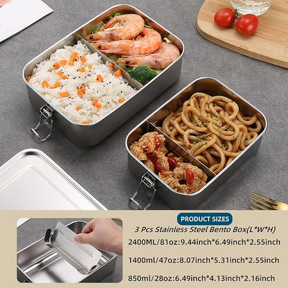 304 Stainless Steel Bento Box,3 Pack Stainless Steel Containers With Lids 2400/1400/850ml,Leak-Proof & Stackable Metal Lunch Box Food Storage Containers for Work Work,Picnic