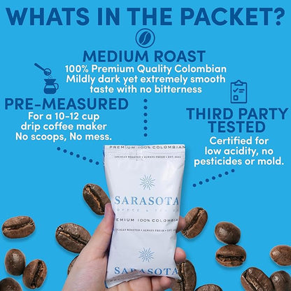 Sarasota Coffee Ground Packets | Gourmet Colombian Medium Roast Ground Coffee Packs | Columbian | Low Acid Mold Free Individual Single Pot Pouches for 12 Cup Coffee Maker | 2 Ounce Bags, 12 Count