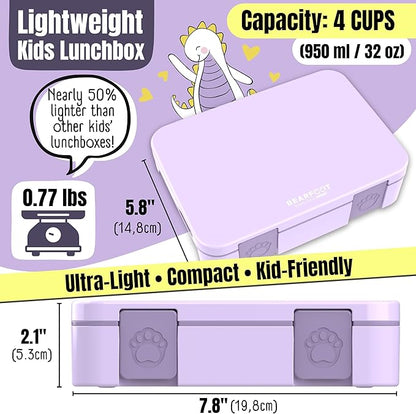 BEARFOOT Kids Lunch Box with Compartments – Compact & Lightweight | Leak-Proof, BPA-Free, Dishwasher & Microwave Safe | Hand-Drawn Design for Preschool, School, Travel (Purple, 4 Cups)