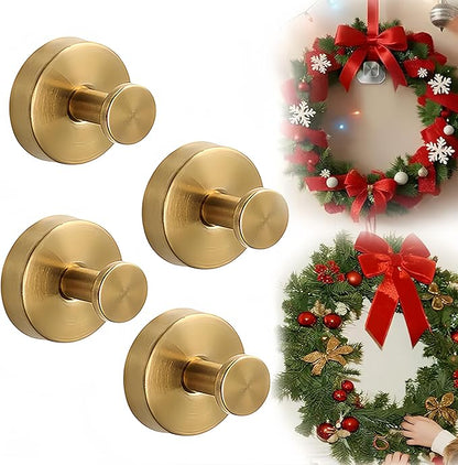 Suction Cup Hooks for Wreaths on Glass, 2026 Upgrade No Drill Towel Hooks Stainless Steel Waterproof Suction Cup Hooks, Wreath Hanger for Front Door for Kitchen, Bedroom (4, Gold)