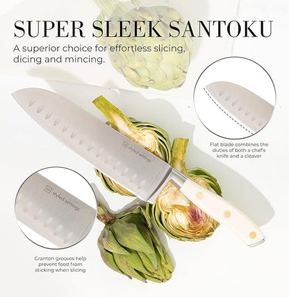 Styled Settings White Knife Set with Block and Sharpener – 14-Piece Ultra-Sharp High Carbon Stainless Steel Knives with Gold Triple Rivet White Handles and Ashwood Knife Block