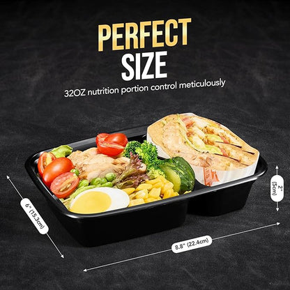 Glotoch Express 300 Pack 32oz Black 2 Compartment Square Meal Prep Containers, Food Storage Containers with Lids for Microwave Dishwasher Freezer Safe