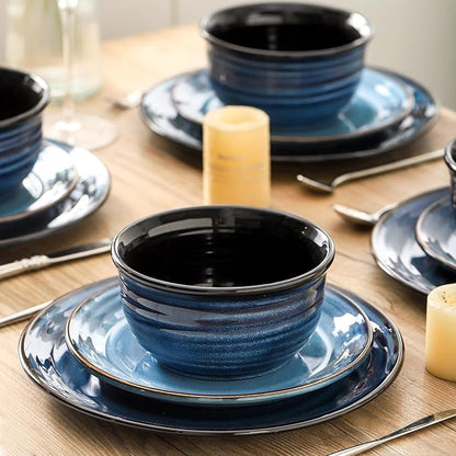 Hasense Plates and Bowls Set, 12 Pieces Ceramic Reactive Glaze Dinnerware Set of 4, Chip and Scratch Resistant Dinner Dishes Service, Handmade Serving Dish, Blue