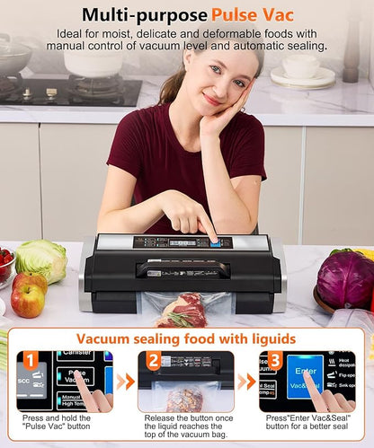 95kPa Vacuum Sealer Commercial Automatic Food Vacuum Sealer, 10-in-1 System, Auto Pop-Up Cover, Double Heat Seal, Easy-Lock Handle, Built-In Cutter with 1 Roll & 15 Bags, Black Silver