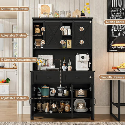 67.7 Inch Farmhouse Pantry Storage Cabinet with Sliding Barn Doors, 2 Drawer Farmhouse Coffee Cabinet with Adjustable Shelf, Side Board with Buffet Cupboard for Livingroom Kitchen, Black