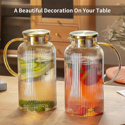 Glass Pitcher with Lid, 68 oz/ 2 Liter Amber Classic Vertical Stripes Water Pitcher,Glass Water Carafe for Cold Brew, Coffee, Lemonade, Iced Tea,Beverage, Heat Resistant Water Glass Jug