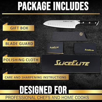 SliceElite Slice Series 7 Inch Santoku Knife High Carbon German Steel Blade Full Tang Pakkawood Handle Polymer Blade Guard Sharp Kitchen Knife for Meat Cutting Chopping BBQ Cooking Chef Vegetable