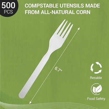 Compostable Froks - 500Pcs Heavy Duty Forks Disposable Utensils, BPA-Free, Heat Resistant, Eco Friendly Disposable Forks Bulk, BPI Certified Disposable Cutlery for Party, Office & Picnic
