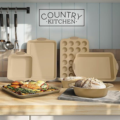 Country Kitchen Nonstick Stackable Bakeware Set - Heavy Duty, Durable, Easy Release Baking Set, Gold, 10 Pcs