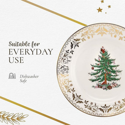 Spode Christmas Tree Gold 4-Piece Holiday Dinnerware Set - Fine Earthenware Tableware with 22K Gold Accents - Dinner Plate, Salad Plate, Teacup & Saucer - Festive Christmas Tableware, Dishwasher Safe