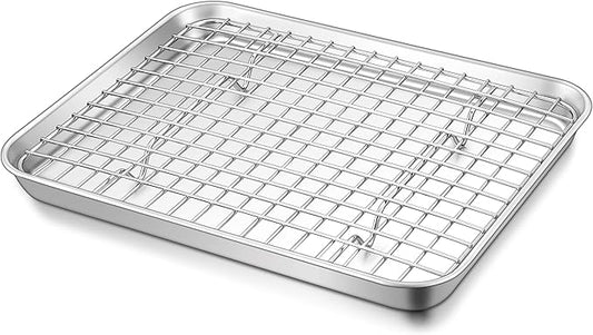 TeamFar Toaster Oven Pan with Cooling Rack Set, 10.5’’ x 8’’ x 1’’ Stainless Steel Compact Toaster Oven Small Baking Pan Tray with Mini Grid Rack, Non-Toxic & Heavy-Duty, Dishwasher & Oven Safe