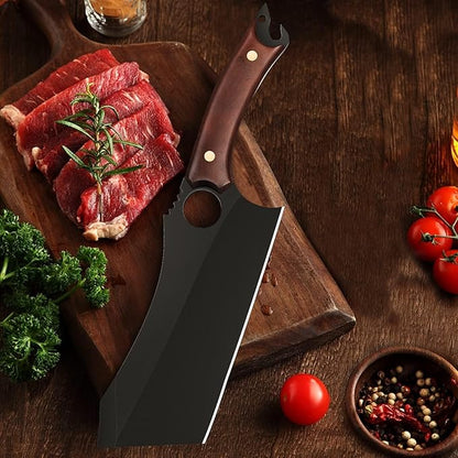 Dream Reach Meat Cleaver, 6.9 inch Black Boning Knife, High Carbon Steel Sharp Kitchen Forged In Fire Knife with Sheath Gift Box Bottle Opener for Outdoor Camping