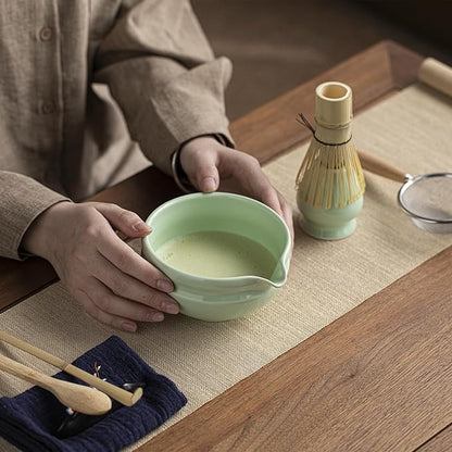 Matcha Whisk Set – 8 Pcs Matcha Set with Ceramic Bowl with Spout, Bamboo Whisk, Holder, Scoop, Sifter, and Tea Towel – Complete Japanese Matcha Kit for Ceremony and Gift