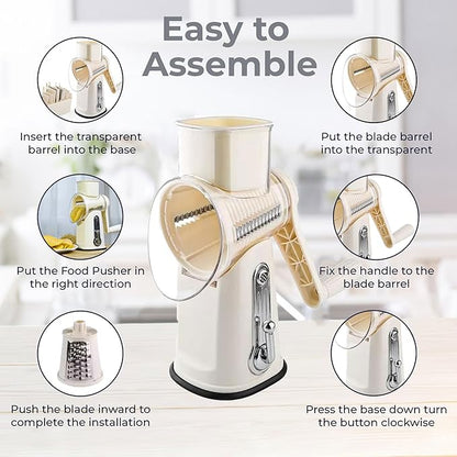 Chef Power Premium Quality 5 in 1 Cheese Grater Hand Crank - Stainless Steel Rotary Cheese Grater for Effortless Grating - Durable and Ergonomic Design for Professional and Home Use (Beige)