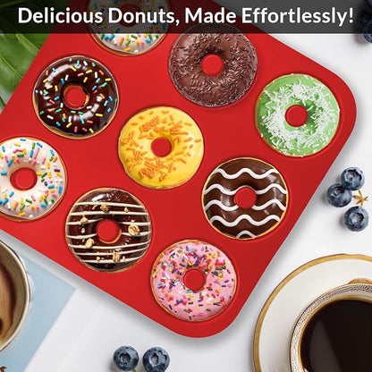Large Silicone Donut Pan for Baking, 9 Cavity Non-Stick Food Grade Silicone Donut Molds, Doughnut Pan and Bagel Pans for Baking & Kitchen, BPA Free 11.2 x 11.1 Inches, Dishwasher Safe - Bright Red